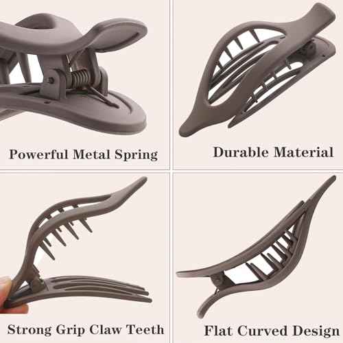 6 PCS Flat Hair Clips, French Lay Flat Claw Clips for Women Girls, 3 Styles Strong Hold Non-slip Matte Hair Claws for Thin Thick Hair(Brown&White)