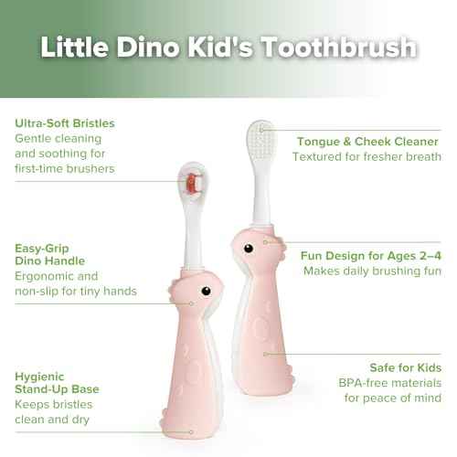 haakaa Dinosaur Toothbrush for Kids 2-4 ? Soft Bristles Baby Toothbrush with Silicone Handle, Non-Slip Grip & Tongue Cleaner | BPA-Free, Fun Training for Toddlers - Pink, 1 Count