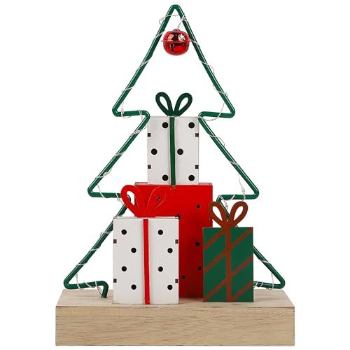 Lulu Home Christmas Tabletop Decoration, Wooden Pre-lit Christmas Tree Ornament with Green Metal Frame, Battery Operated LED Light Up Holiday Sign for Indoor Mantel Shelf Decor