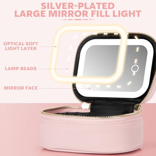 LED Makeup Bag with Mirror, 3 Light Modes Travel Cosmetic Organizer