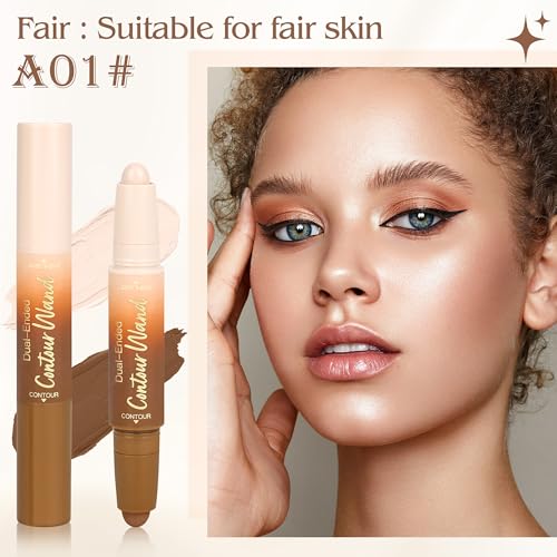 Contour Highlighter Stick£¬2-in-1 Dual-Ended Cream Bronzer & Highlighter Sticks Pen for Face Body Contouring Makeup- Buildable£¬Waterproof, Easy to Apply Suitable for Beginners£¬01Nuetral Nude + Beige