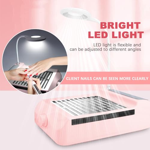AONOLOVO Nail Dust Collector, Adjustable Suction, Professional Nail Fan Dust Collector with Light Manicure Dust Collector Nail Tech Vacuum Cleaner Machine for Acrylic Nails Removal, Pink