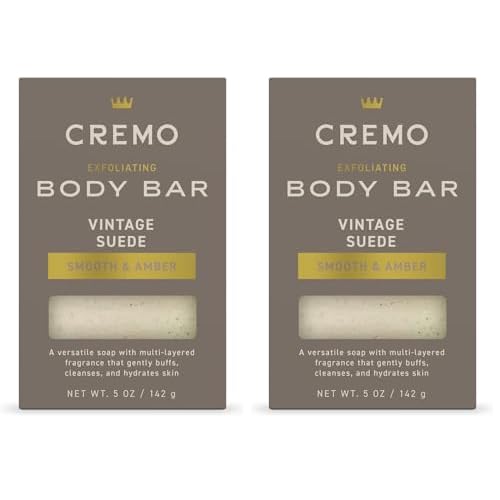 Cremo Exfoliating Body Bar for Men, Vintage Suede Scent, Multi-Layered Fragrance That Buffs, Cleanses and Hydrates Skin, 5oz (Pack of 2)
