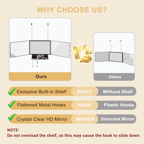 Dripex Black 3-Way Mirror with Storage Shelf, Trifold 360° Hair & Makeup Mirror