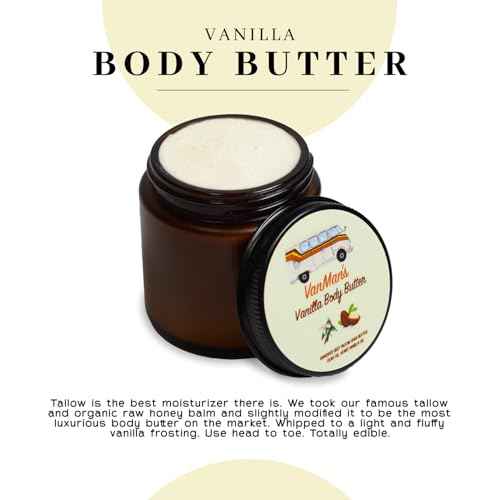 Vanman's Whipped Tallow - Vanilla Body Butter - Body Moisturizer with Grass-Fed/Finished Beef Tallow for Skin, Vanilla Planifolia Oil, Organic Shea Butter, Cold Pressed Olive Oil, Raw Honey - 2.9 oz
