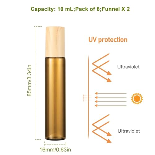 Amber Glass Roll-On Bottles 10ml - 8 Pack Refillable Travel Set