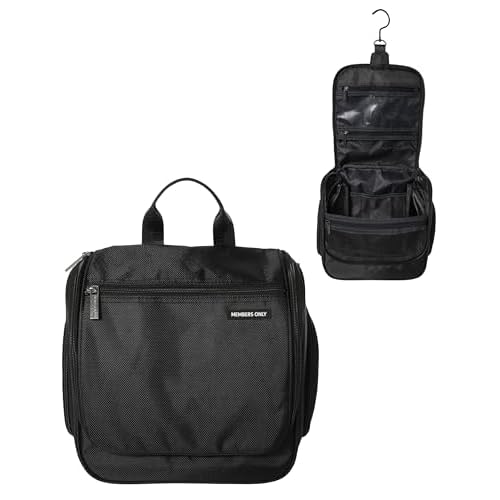 Members Only Hanging Toiletry Bag with Rotating Hook, Black Toiletry Organizer, Bathroom Bag