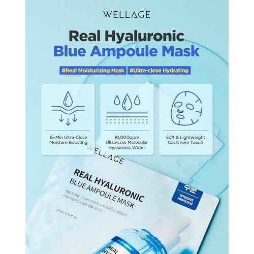 WELLAGE Real Hyaluronic Blue Ampoule Face Mask - Korean Hydratig Mask Moisture Boost with 10,000ppm Ultra-Low Molecular Hyaluronic Acid - Soft Vegan Cashmere Sheet for Sensitive Skin, 5 Sheets