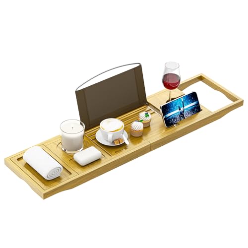 Bath Accessories - Cup Holders - Bathtub Tray Caddy - Bath Tray Expandable - Bath Tub Table Tray Caddy - Bamboo Bath Tray for Tub