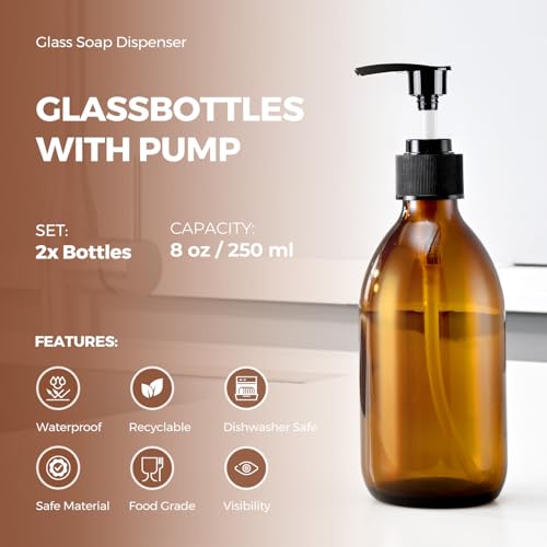 8oz Amber Glass Pump Bottle for Soap & Lotion - UV Block, 2 Pack