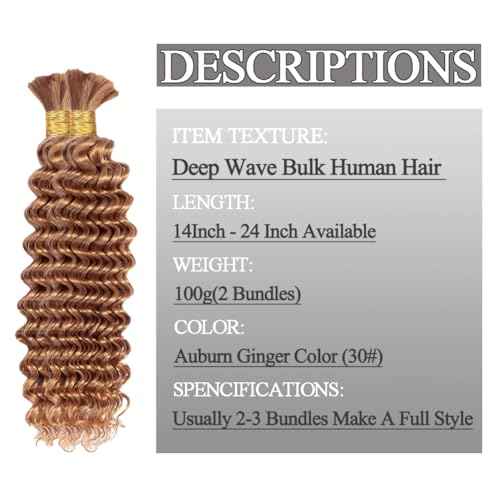 Deep Wave Bulk Human Hair For Braiding 20 Inch 100g/2Bundles No Weft Human Braiding Hair Extensions For Braids 30# Auburn Ginger Deep Wave Curly Bulk Human Hair 12A Wet And Wavy