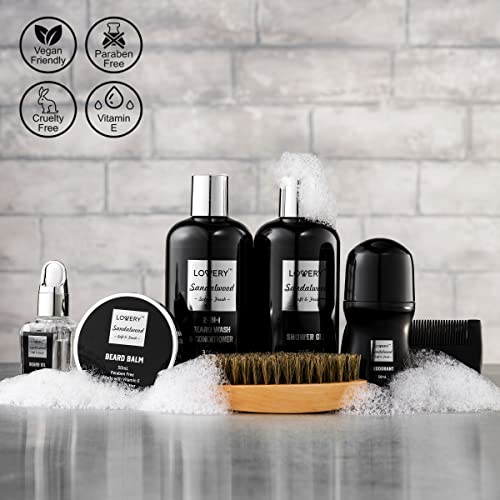 Gifts for Men, Valentines Day Gifts for Him Body And Wash Gift Set Beard Kit and Body Care, Sandalwood Spa Baskets, Bath and Beard Grooming Kit, for Husband, Dad, Beard Balm Growth Oil