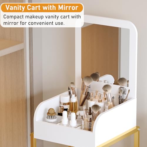 Makeup Cart Organizer with Mirror, Floor Makeup Organizer Large- Make Up Organizers Vanity Cart Cosmetic Display Cases Holder for Skin Care Perfume Nail Polish Brush Hair Tool (Gold)