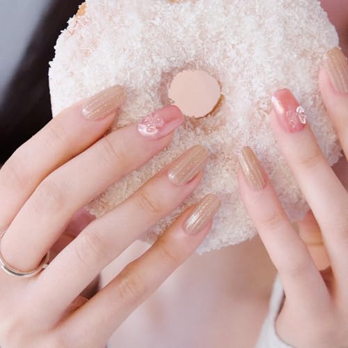 ohora Semi Cured Gel Nail Strips N Rosy Bow with Gold Glitter Line - Easy Application & Long Wear