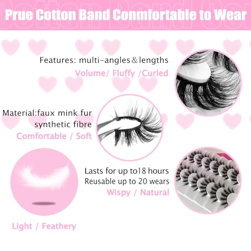 8Pair 3D5D 0.55INCH Fluffy Natural Look Faux Mink Lashes Thick False Eyelashes Volume Cat Eye Lashes Extension with Dark Pink Box