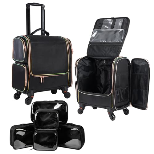 Rolling Makeup Train Case with 5 Bags & Wheels | Professional