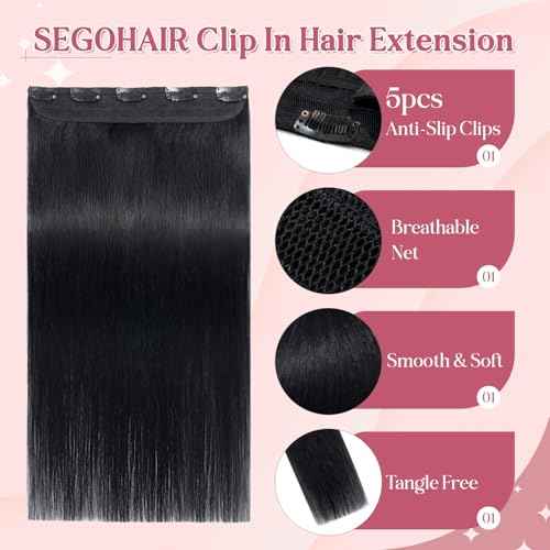 Clip In Hair Extensions for women One Piece 5 Clips Real Human Remy Hair Extension Long Straight Hairpieces for women 22 Inches #01 Jet Black