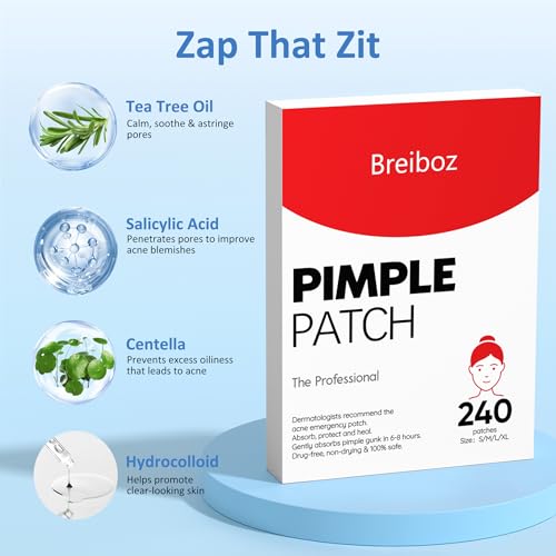 Pimple Patches for Face, Skincare Hydrocolloid Acne Pimple Patch Invisible Zit Covers with Tea Tree, Salicylic Acid & Cica Oil | 4 Size 240 Counts