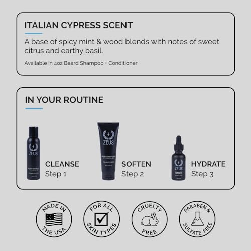 ZEUS Italian Cypress Beard Wash Set for Men, Shampoo & Conditioner Duo with Green Tea & Essential Oils, Hydrates, Softens & Strengthens Beard Hair (Made in USA)