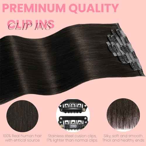 Clip in Extensions Real Human Hair 7pcs, Natural and Seamless 90g (Dark Brown to Black, 14 inch)