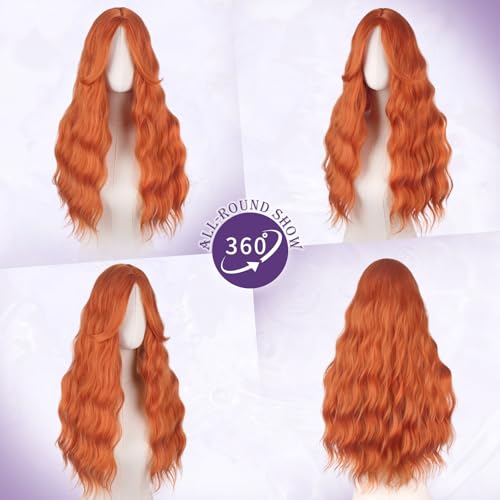 Haloo 26-Inch Red Auburn Wavy Wig with Curtain Bangs for Women