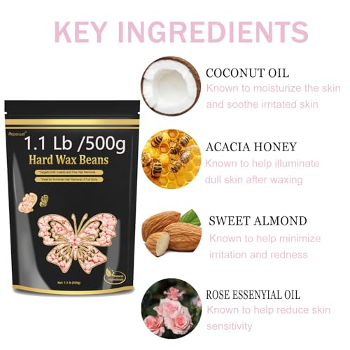 Wax Beads 1.1lb, Hard Wax Beads for Coarse Hair Removal & Sensitive Skin, Works on Brazilian Bikini, Armpit, Legs, Face, Eyebrow, Back, Waxing Beads with 20 Sticks(Rose)