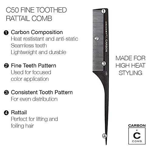 Cricket C50M & C55M Professional Carbon Rattail Comb Set for Hair Stylists, Fine & Medium Tooth, Anti-Static, Heat-Resistant, Seamless Teeth, Durable Lightweight Tail Combs - 2-Pack