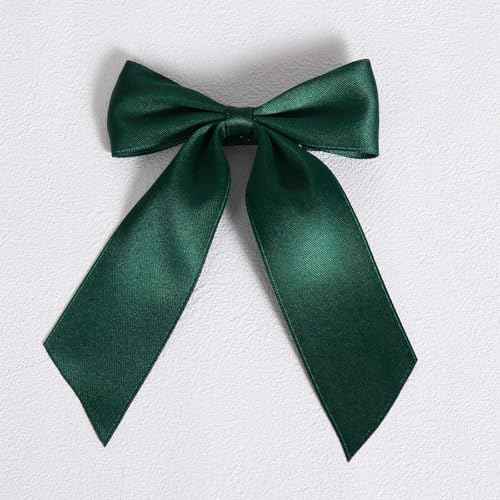 4in Christmas Dark Green Hair Bows Alligator Clips for Teen Toddler Girls, 2pc Solid Silky Satin Polyester Ribbon Ponytail Holder Barrettes Party Dress Accessories Kids Xmas Gift