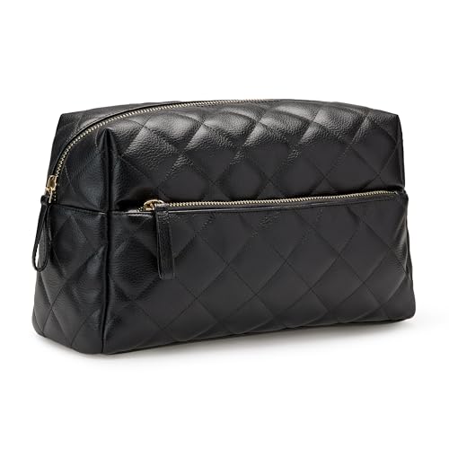 Amazon Essentials Women's Quilted Travel Makeup Bag - Black Faux Leather, One Size