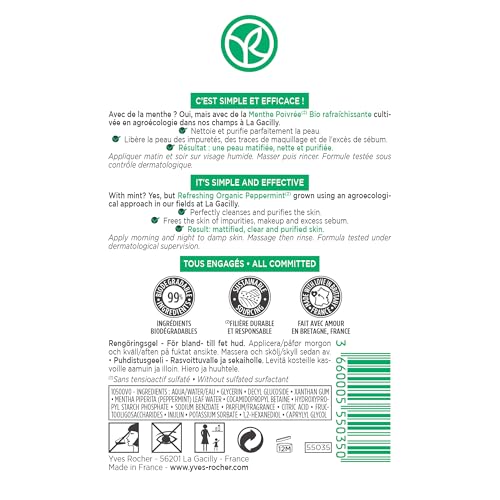 Yves Rocher Purifying Cleansing Gel for Combination to Oily Skin ? Pure Menthe ? 4.2 Oz ? 1 Ct