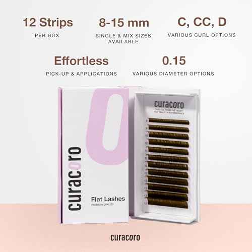 Curacoro Brown Eclipse Flat Lash Extensions - Mixed Length 8-15mm, Thickness 0.15mm, C CC D Curl, Brown Mink False Lashes, Matte Finish, Individual Eyelashes for Salon Use, Lightweight and Fluffy