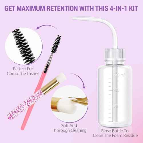 EMEDA Lash Shampoo Kit - 3.38 fl.oz / 100ml Gentle Foam Lash Cleanser, Oil-Free Cleaning for Wash Extension/Natural Eyelash Bath with Rinse Bottle Brush (Lavender)