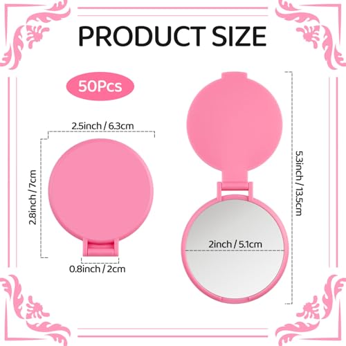 50 Pcs Compact Mirror Bulk, Small Pocket Mirror for Purse Travel Makeup Mirror for Women Girls Daily Use, Party Favors Quinceanera Gift,Pink