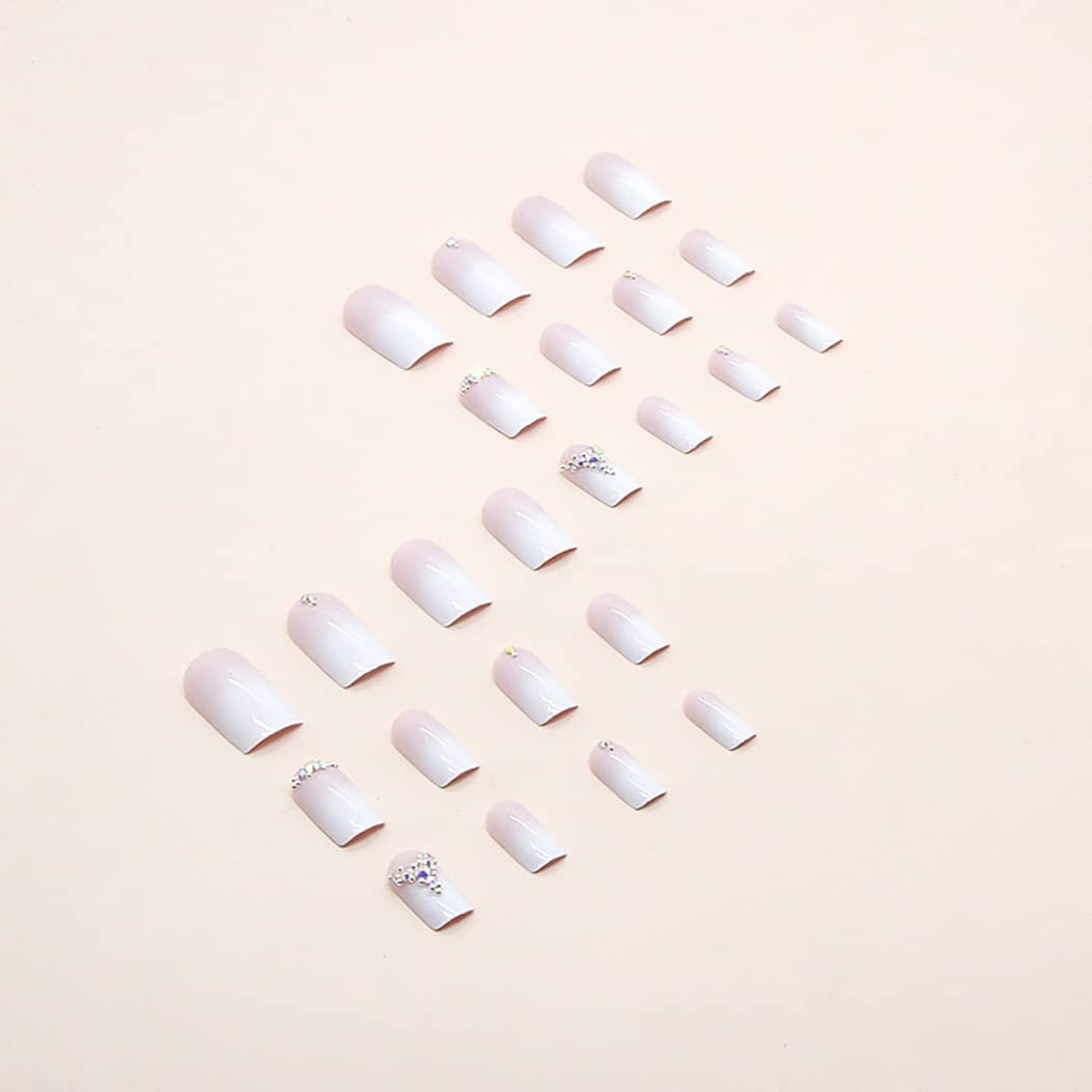 RikView White Press on Nails Medium Length Fake Nails with Rhinestones Square Acrylic Nails Glossy Nails 24 PCs/Set