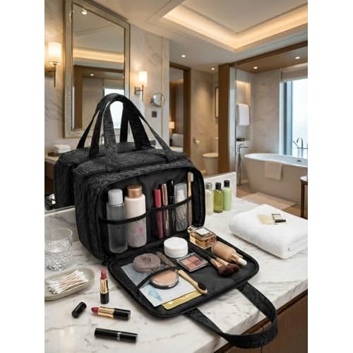 SMONT Hanging Toiletry Bag for Women, Large Waterproof Makeup Organizer with Hook, Travel Cosmetic Bag with Multiple Compartments for Gym, Swim, School, College Dorm Black