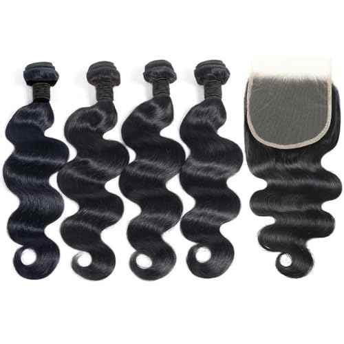 12A Human Hair Bundles with Closure 18 20 22 24+16 Inch Brazilian Body Wave 4 Bundles Human Hair with 5x5 HD Lace Closure Unprocessed Virgin Human Hair Natural Black