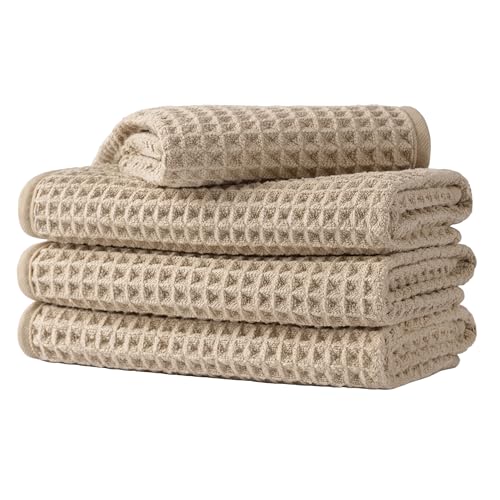 Microfiber Waffle Face Towels, 4 Pieces, Soft, Absorbent, Fast Drying, Lint Free 430 GSM (Beige)