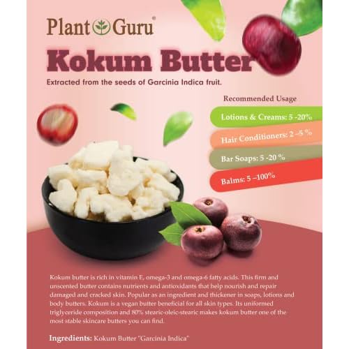 Plant Guru Raw Kokum Butter 3 lbs. Bulk 100% Pure Natural - Great for Skin, Body and Hair Moisturizer, DIY Creams, Balms, Lotions and Soap Making.