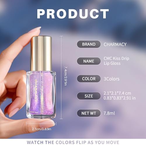 CHARMACY Aurora Chameleon Moisturizing Lip Gloss, MultiColor Shifting Shimmer Lip Gloss, Hydrating Non-Sticky Formula Glitter Lip Glaze, Easy to Apply, Long-Lasting, High-Shine Sheer Finish #02