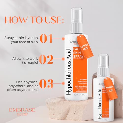 Hypochlorous Acid Spray - 0.02% - 2 Pack - Travel Size + Full Size Bottles - Cleansing Hypochlorous Solution - All Natural Face and Skin Spray for Face (8.5 fl oz + 2 fl oz)