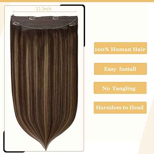 Anrosa Fish Line Invisible Hairpiece for Women Balayage Dark Brown to Chestnut Brown Extensions with Transparent Straight Real Human Hair Extensions 12 Inch 70G Wire Hair Extensions Adjustable Clips