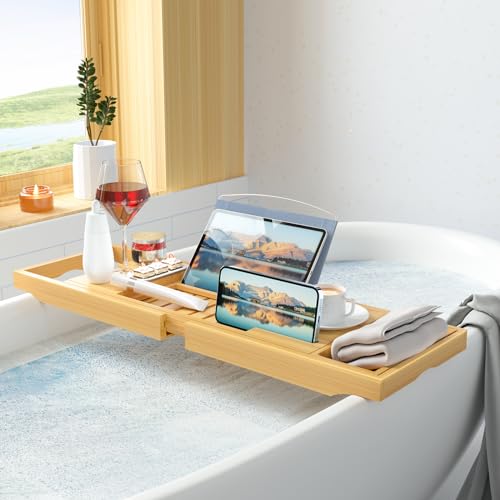 Bamboo Bathtub Tray Caddy - Expandable with Book & Tablet Holder
