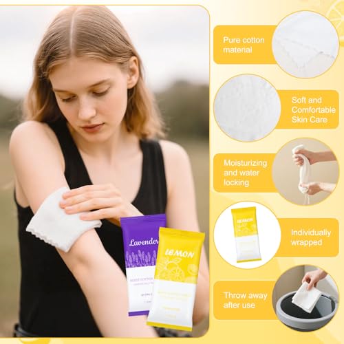 Moist Cotton Towels, 10"x10" Disposable Refreshment Pre Moistened Towels Individually Wrapped Face & Body Wet Moist Terry Cotton Towelettes for Travel Hotel Sport Camping Spa (Lavender Lemon 100Pcs)
