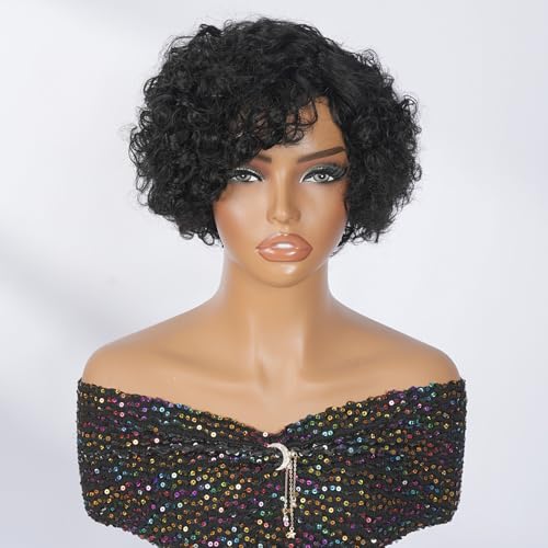 SUPERNOVA Black 04 Pixie Cut Curly Wig 6 Inch Human Hair Side Part, Glueless, Natural Style