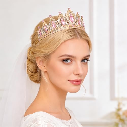 YOUlDIANZI Queen Crown Rhinestone Tiara for Women Wedding Party Costume - Gold & Pink-A
