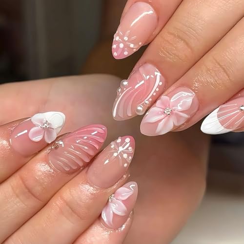 Stbisen Petal Pearl Almond Press On Nails - 95-Blush, 24pcs, Floral & Shell Design