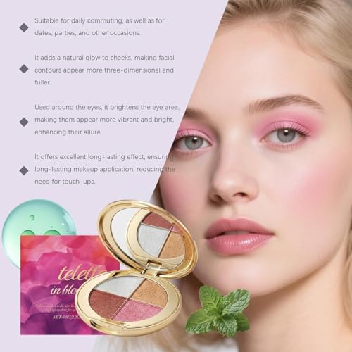 Viviyoo 4-Color Highlighter & Blush Palette with Mirror - Long-Lasting Shimmer Eyeshadow Makeup Kit, Travel Size Gold