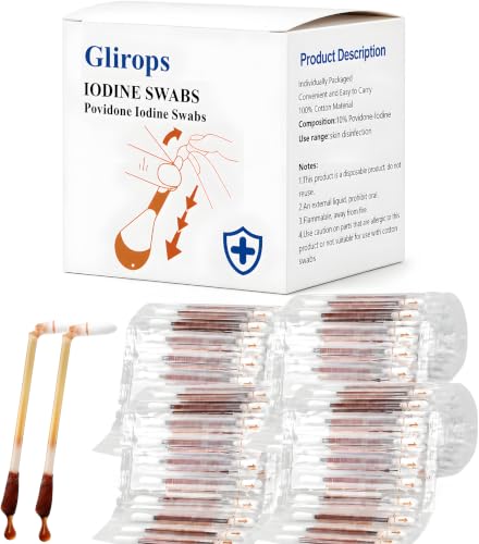 Glirops 200 Count Povidone Iodine Swabsticks – Snap-to-Activate 10% Iodine Wound/Nasal Care, Individually Wrapped in Reusable Case