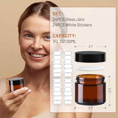 AuroTrends 1 oz Glass Jars with Lids 24Pack- Mini Amber Glass Jar/Cosmetic Containers with UV Protection,Travel Labels (30ml, Set of 24)