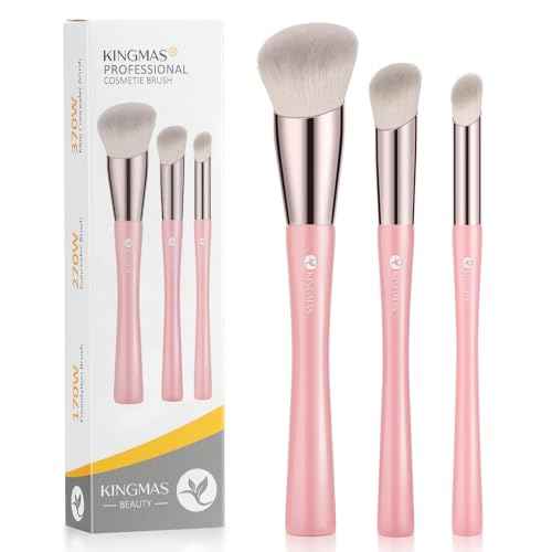 KINGMAS Angled Foundation Brush Concealer Brush, Premium Kabuki Makeup Brush for Liquid, Blending, Cream, Powder, Blush Buffing Stippling Face Makeup Tools White (Pink, 3Pcs (170W/270W/370W))